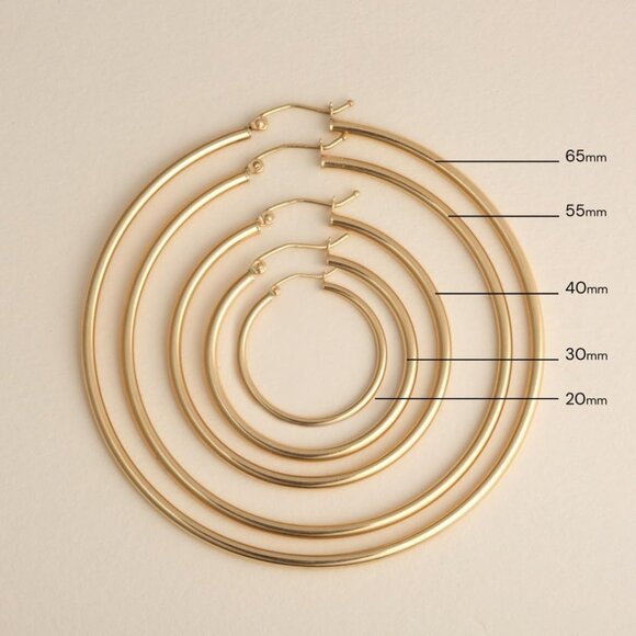 Solid 14K Yellow Gold Latch Back Hoop Earrings for Women 2mm Thick 20-65mm Diame - Picture 3 of 3